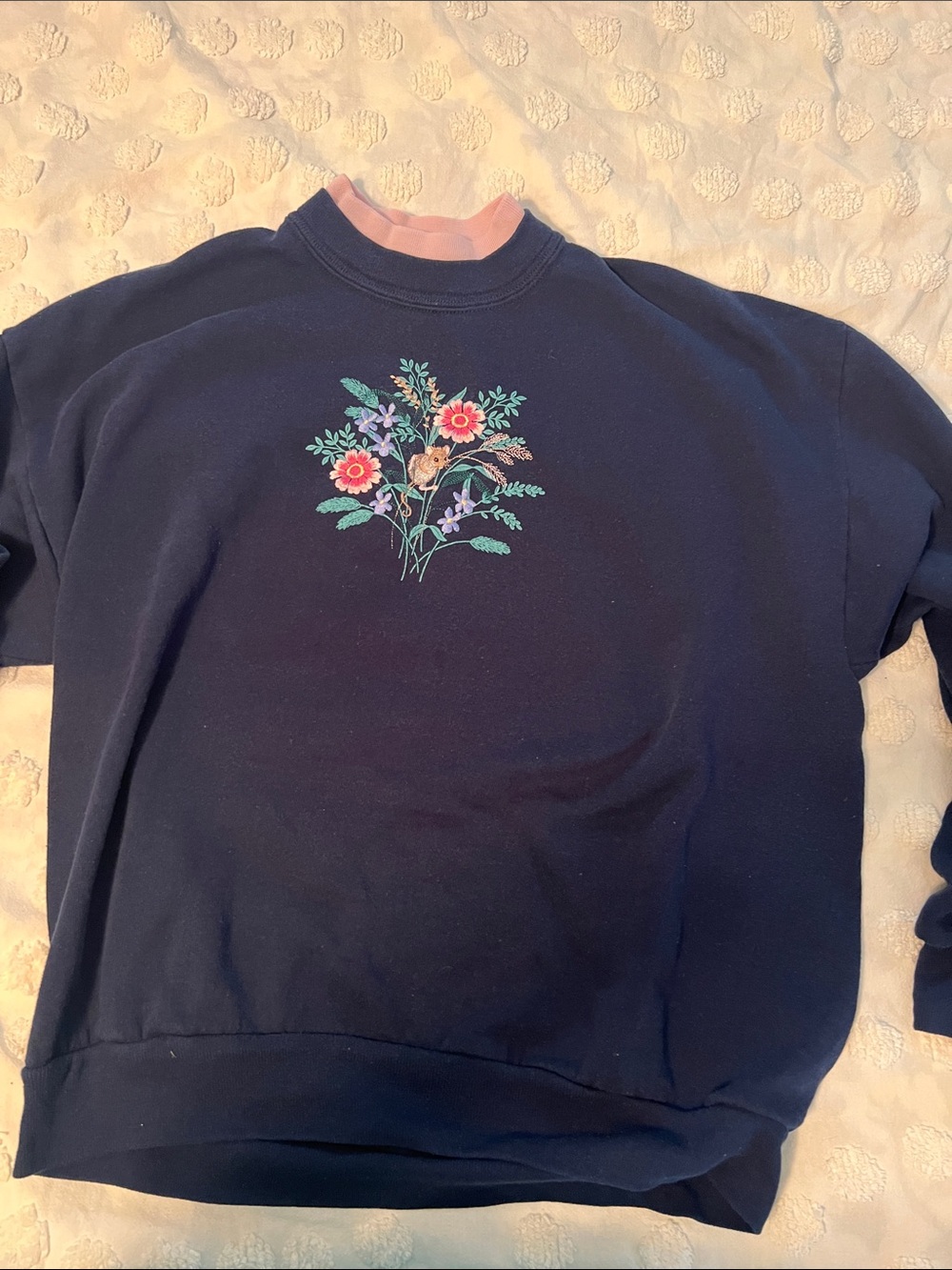 Navy Floral Embroidered Crewneck Sweater with Pink Trim